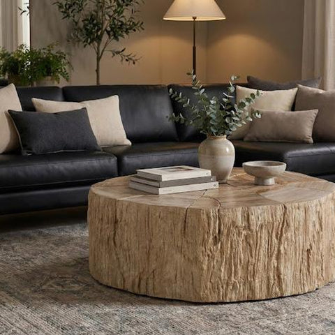 Table basse mosaïque - Bois pétrifié crème & résine