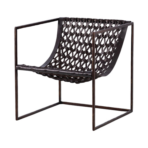 Fauteuil tressé - Cuir brun foncé & fer bronze